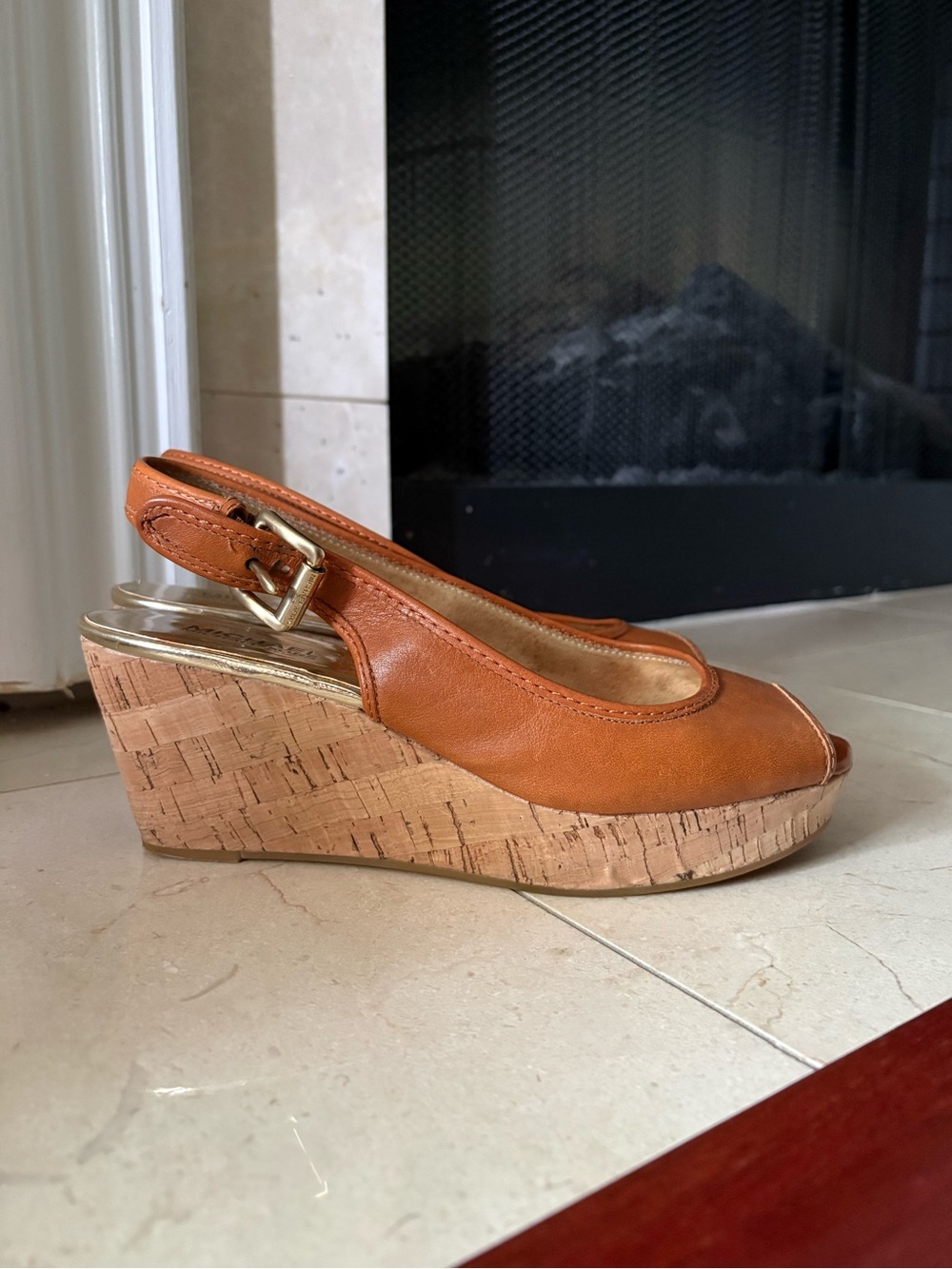 Michael Kors Tan Leather Cork Wedge Slingback Peep Toe